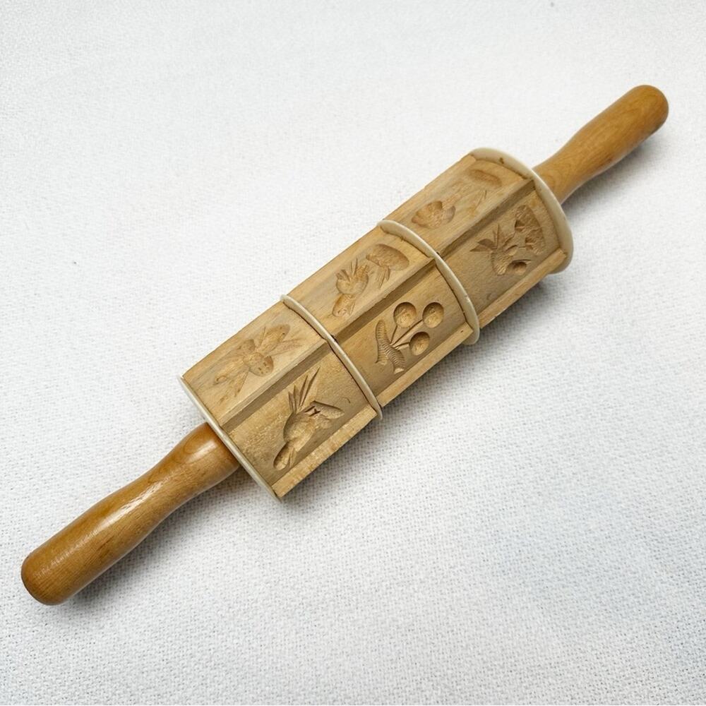 Vintage wooden carved Springerle mold cookie cutter rolling pin